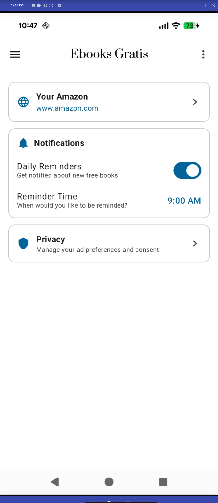 Notifications/reminders settings screen